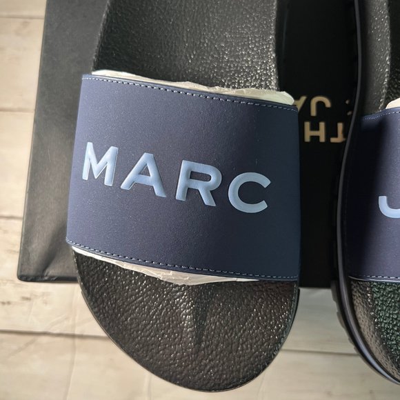 NEW MARC JACOBS Navy 'The Slide' Logo Print Ridged Flat Sandals Slides Shoes Sz8 - Picture 3 of 10